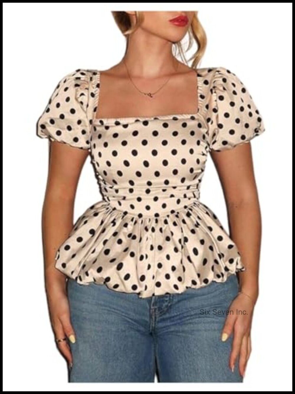 Satin Polka Dot Peplum Blouse Puff Sleeve Smocked Crop Top